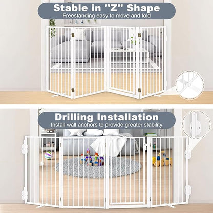 Metal Freestanding Dog Gates with Door for Outdoor Indoor,80'' Extra Wide 32'' Tall Free Standing Dog Gate for Doorways,Large Openings,Deck,Yard,Porch,Foldable Pet Fence(White,4 Panels)
