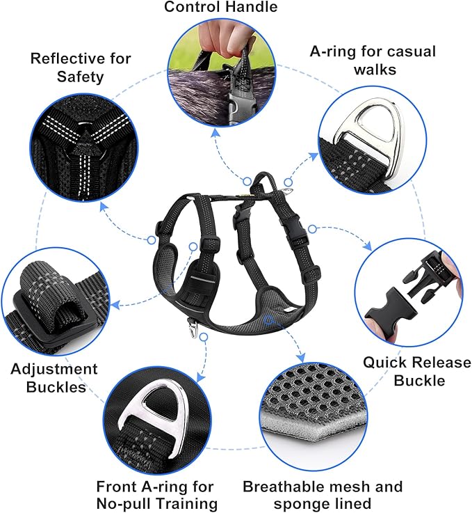 Plutus Pet No Pull Dog Harness, Reflective Adjustable Dog Vest Harness with Handle, Escape Proof, Soft Padded for Small Medium Large Dogs (Black, L)