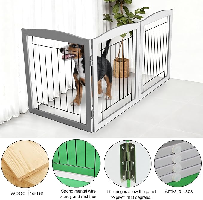 ZJSF Freestanding Foldable Dog Gate for House Extra Wide Wooden Grey Puppy Gate Stairs Dog Gates Doorways Tall Pet Gate 32" Height 3 Panels Pet Fence