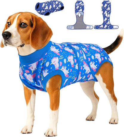 PetWarm Dog Surgery Suit, Dog Surgical Recovery Suit Female and Male, Onesies for Dogs, Anti-Licking Surgery Recovery Shirt for Dogs, Unicorn Pattern, Blue, L