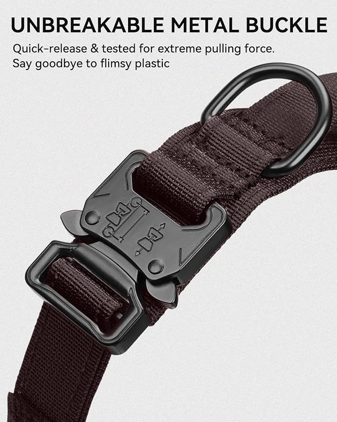 Joytale Tactical Dog Collar with Handle and Metal Buckle, Heavy Duty Padded Military Collar with 2 Patches for Training, Adjustable for Large Dogs, Brown, L