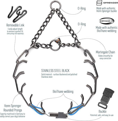 Herm Sprenger Black Stainless Steel Dog Collar with Quick Release ClicLock Buckle O-Ring Biothane Insert Training Collar Made in Germany (Cerulean Blue, 23in x 3.2mm(Neck Size up to19-20in))