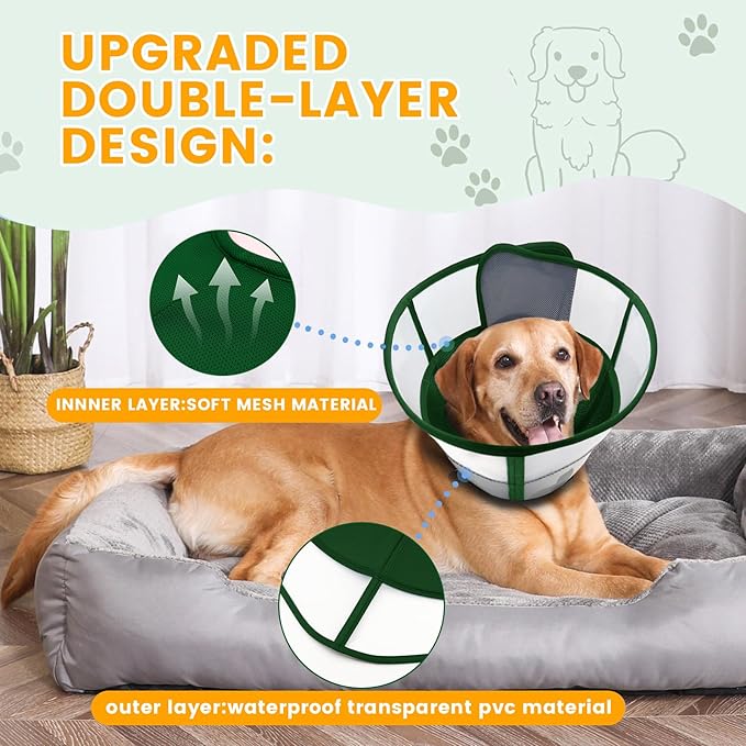 WinWeal Soft Dog Cone Collar for Dogs After Surgery, Transparent Breathable Pet Recovery Collar for Large Medium Dogs, Adjustable Dog Cone Collar, Elizabethan Collar (S, Dark Green)