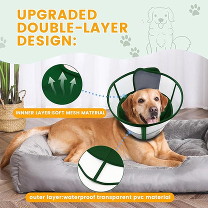 WinWeal Soft Dog Cone Collar for Dogs After Surgery, Transparent Breathable Pet Recovery Collar for Large Medium Dogs, Adjustable Dog Cone Collar, Elizabethan Collar (S, Dark Green)