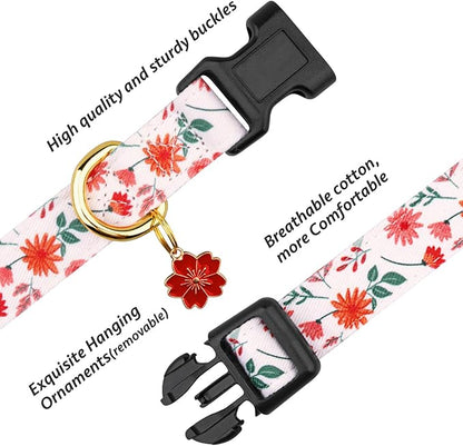 Cotton Handmade Dog Collar Cute and Distinctive Patterns Red and White Flower with Pendant for Girl Boy Dogs Collars M