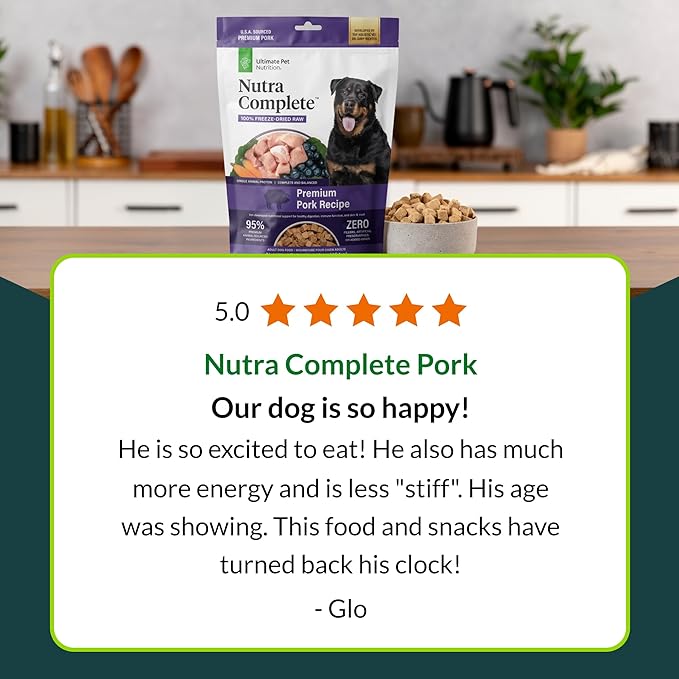 ULTIMATE PET NUTRITION Nutra Complete, 100% Freeze Dried Veterinarian Formulated Raw Dog Food with Antioxidants Prebiotics and Amino Acids, (1 Pound (Pack of 4), Pork)