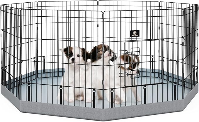 PJYuCien Dog Playpen with Bottom Pad - Metal Foldable Exercise Pen, 8 Panels 24" H x 24" W Indoor Outdoor Pet Fence Puppy Crate Kennel, Gray