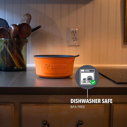 Dog Bowl with Spill-Proof Travel Lid – 7.5" x 3.75", 1.3 lb, 7-Cup Capacity, BPA-Free, Rust-Proof, Shock-Resistant, Stackable, Dishwasher Safe, Leak-Resistant Nesting Lid – Orange