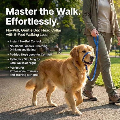 Headcollar for Dogs, Extra Soft Padded, Reflective, No Pull Dog Collar, Gentle Leader for Dogs with Durable Nylon Leash, Padded Handle - Navy Blue (Medium)