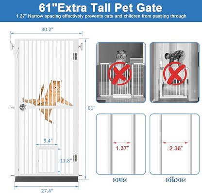 61" Extra Tall Cat Gate for Doorway, 30.2"-32.6" Adjustable Wide Dog Door with Cat Door, 1.37" Gap for Pet Gates, Suitable for Doorways or Kitchen, No Drilling Pressure Mount Kit, White