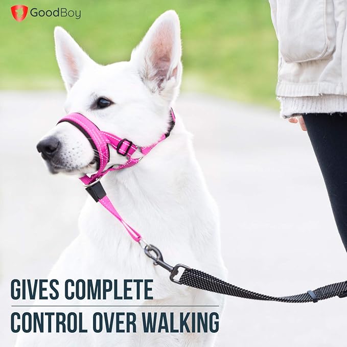 GoodBoy Dog Head Halter with Safety Strap - Stops Heavy Pulling On The Leash - Padded Headcollar for Small Medium and Large Dog Sizes - Head Collar Training Guide Included (Size 4, Pink Nylon)