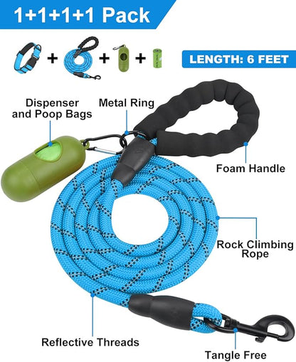 Dynmeow Reflective Dog Collar and Leash Set, 6FT Strong Climbing Rope Leash with Padded Handle, Adjustable Pet Collar with Soft Neoprene Padding for Small Medium Dogs, Blue, S
