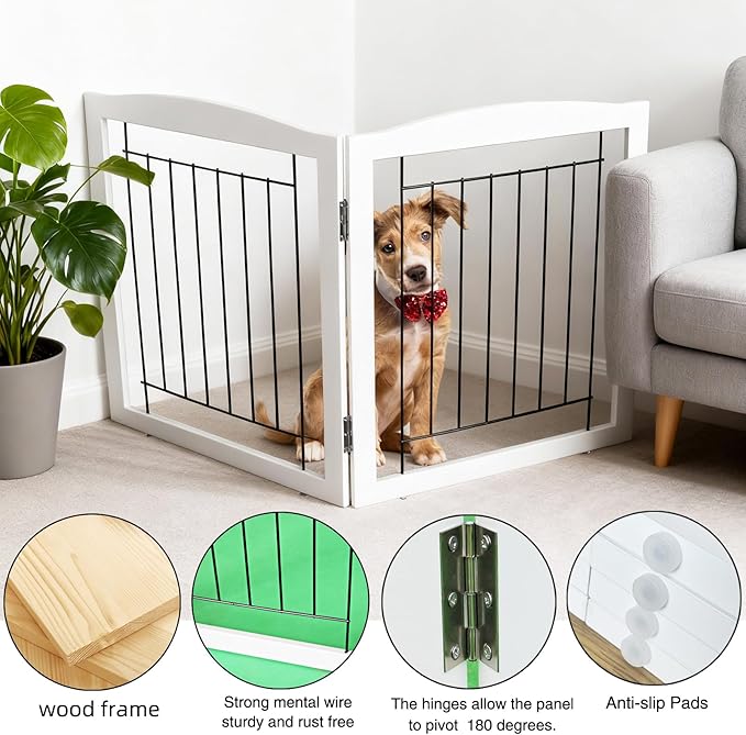 ZJSF Freestanding Foldable Dog Gate for House Extra Wide Wooden White Indoor Puppy Gate Stairs Pet Gates Doorways Pet Gate Tall Dog Fence 2 Panels
