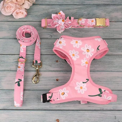 Beirui Cute Girl Dog Collars, Harnesses & Leashes Set - Adjustable Dog Collar and Leash Set with Flower - Soft Mesh Dog Vest Harness for Puppies Small Medium Dogs (Pink-1,M)