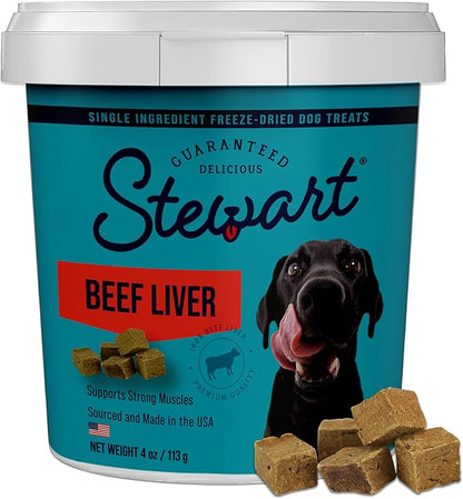 Stewart 100% Beef Liver Dog Treats, 4 oz Tub, ~90 Pieces, Freeze Dried Raw, Single Ingredient, 50% Protein Training Treats or Meal Topper, Grain Free, Gluten Free