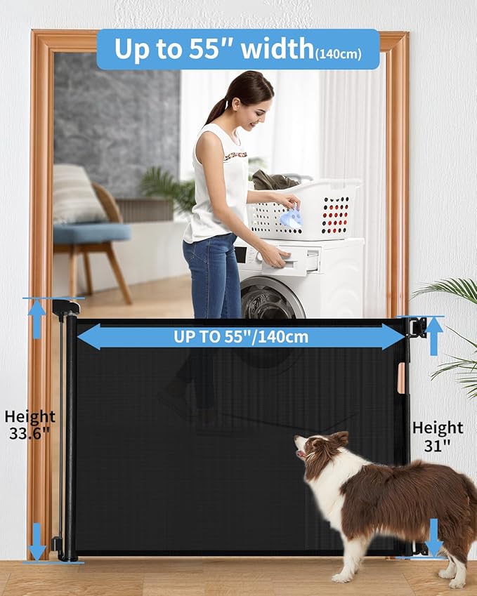 Veraste (2 Pack) Retractable Baby Gate for Doorways and Stairs, Mesh Safety Gate for Pet, Indoor & Outdoor Use, One-Hand Operation, Easy Installation, 33.6" Tall, Expands to 55" Wide（Black,33.6"x55"