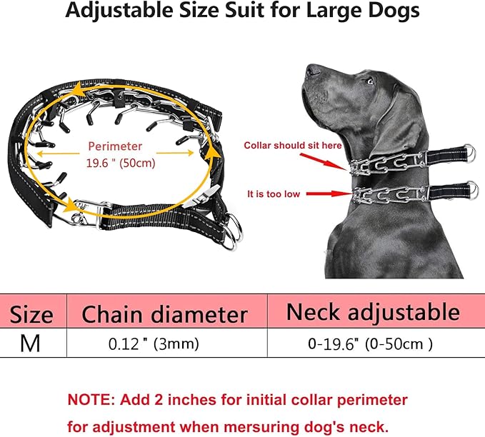 Prong Collar for Medium Dogs with Reflective Nylon Cover, Dog Pinch Collar,Dog Training Collar,High Strength Quick Release Metal Buckle,Comfort Rubber Tips (Black，3.0mm, 20-Inch)