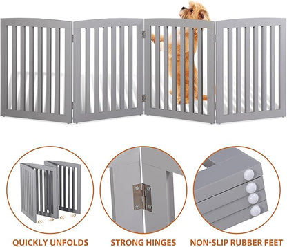 Freestanding Dog Door Indoor Folding Puppy Gate for Doorways Stairs 4-Panel Wood Pet Safe Barrier Fence for Hallways, Gray