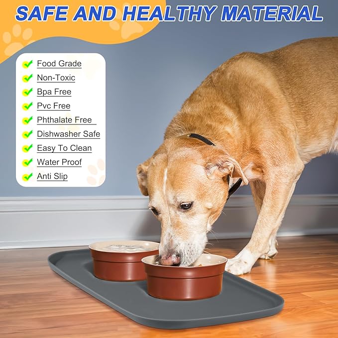 SMILOOL Silicone Pet Feeding Mat with Raised Edge for Food and Water, Dog Bowl Mats, Cat Bowls Placemat with High Lip for Floor Waterproof, Rubber Tray for Cats and Dogs 24 x 16 x 0.8 Dark Grey