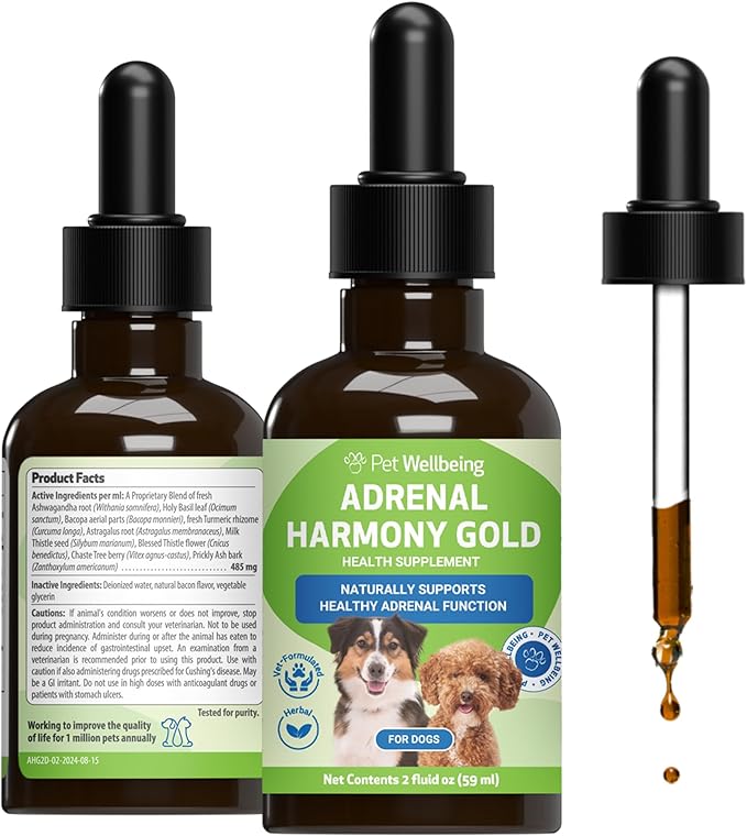 Pet Wellbeing Adrenal Harmony Gold for Dogs - Supports Adrenal Function & Normal Cortisol Levels with Ashwagandha & Bacopa - NASC Certified & Vet-Formulated - 2 oz Liquid Formula