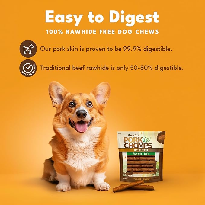 Pork Chomps Roasted Pork Skin Dog Chews, 6 Inch Twists, 15 Count - Long-Lasting Treats for Dogs - High Protein, Rawhide-Free, Low Fat, Healthy & Delicious Chews