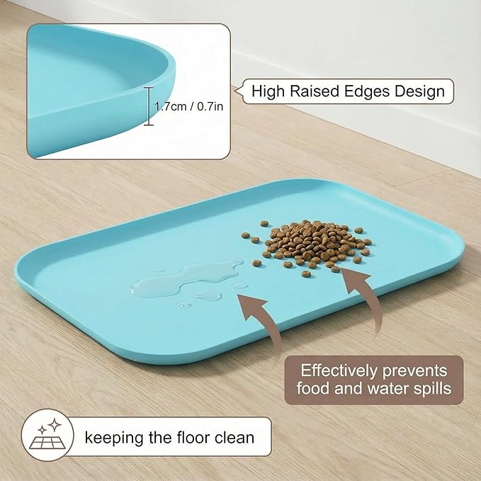 Waterproof Silicone Pet Feeding Mat Blue with Raised Edge,24" x 16"Non-Skid Spill Proof Dog Bowl Mats, Easy Clean Cat Bowls Placemat for Cats and Dogs