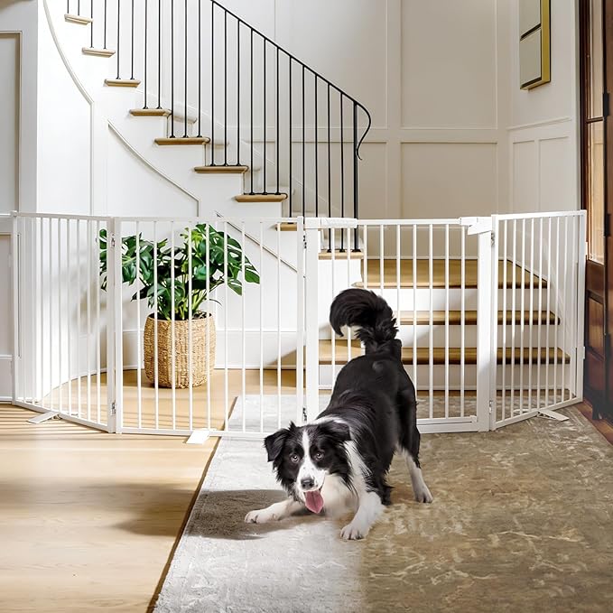 Snagle Paw Extra Wide Dog Gate,Free Standing Dog Fence with Door, Up to 104 Inch Wide Pet Gate with Support Feet for Stairs, Hallways, Doorways, Yard (White, 4 Panels)