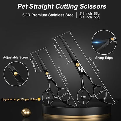 CIICII Dog Grooming Scissors Kit, 7 Inch Professional Pet Grooming Scissors Set with Safety Round Tip (Dogs/Cat Hair Cutting Trimming Thinning Shears with Curved Scissors) for DIY Home Salon (Black)