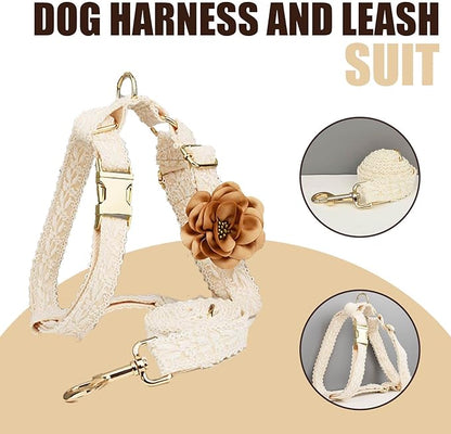 Dog Harness and Leash Set Metal Clasp Adjustable Cotton Embroidered No Pull for Dog Wedding Birthday Outfit,M