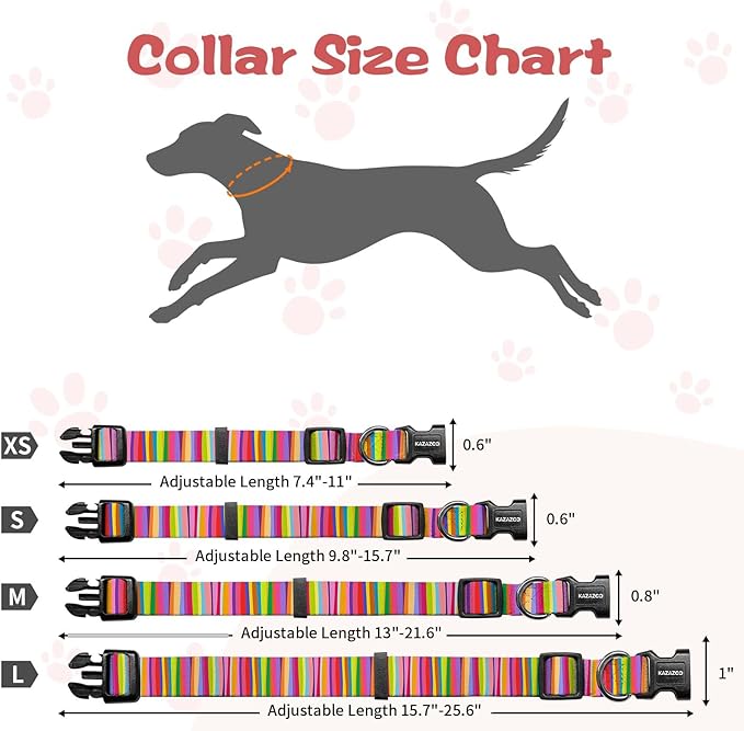 Kazazoo Dog Collar Cute and Soft Nylon Puppy Collar for Boy and Girl, Adjustable Dog Collars for Medium Large Dogs, Rainbow-L