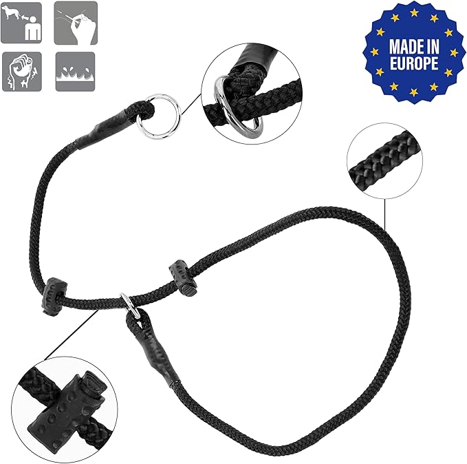Dingo Gear Dog Choke Collar Hand Sewn Strong Polypropylene Braided Cord Two Limiters Waterproof Choker for K9 Training IGP Agitation Bite Work Obedience S - Black (S04047)