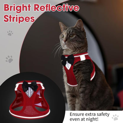 Cat Vest Harness and Leash Set for Walking Escape Proof, Adjustable Kitten Harness Breathable Mesh with Reflective Strips Harness for Kitty Puppy Bunny (Red, S)