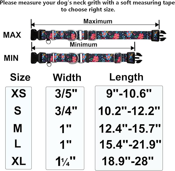 Martingale Collar for Dogs Floral Dog Collars for Small Medium Large Dogs with Buckle Adjustable Soft Nylon Dog Collar (Blue Pink Flower, XLarge)
