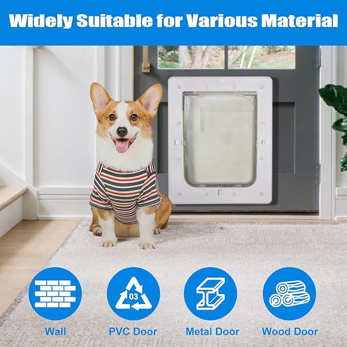 Pet Door, Durable Plastic Dog Door, 6.5”x 9.25” Inner Frame for Small Dog and Pets, Easy DIY Installation, Suitable for Interior and Exterior Doors, Screen and Wall, White Doggie Door