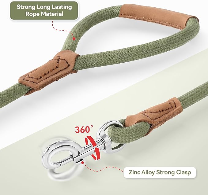 Mile High Life Leather Dog Leash, Heavy Duty Strong Genuine Leather Handle Rope Leash Soft and Comfortable for Small Medium Large Dogs (Olive Green, 72 Inch)