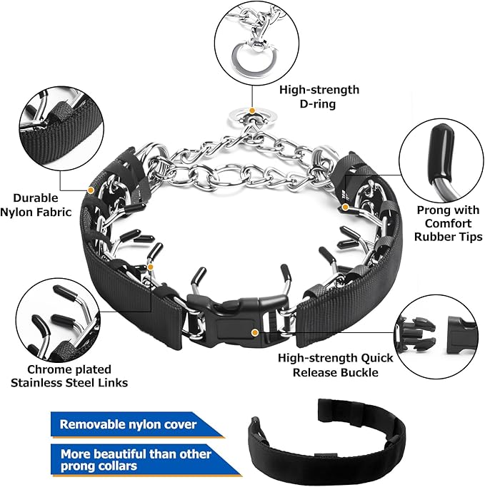 Prong Collar for Large Dogs with Nylon Cover, Dog Pinch Collar,Dog Training Collar,High Strength Quick Release Buckle,Comfort Rubber Tips (Black，4.0mm, 23.6-Inch)
