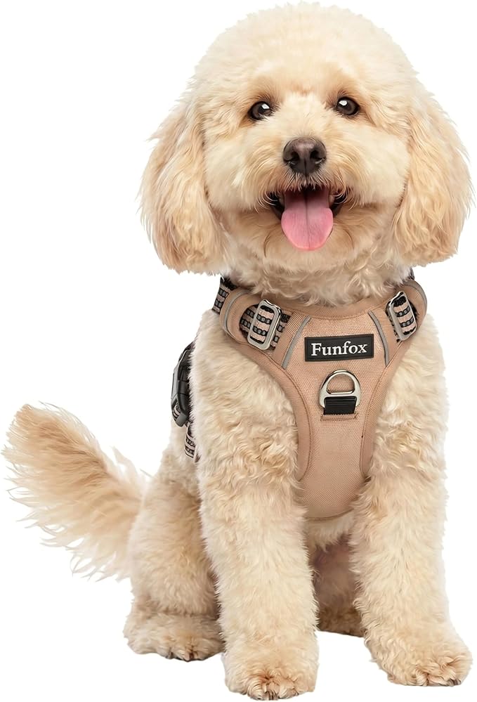 Funfox Dog Harness No Pull, Adjustable Pet Vest Harness, Super Soft Material with Vertical Handle Easy Control, Reflective Night Walking, 2 Leash Clips for Small Sized Dogs, Brown, S