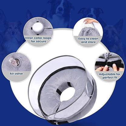 BARKLESS Dog Cone, Inflatable Dog Cone After Surgery, Soft Surgery Collar with Enhanced Anti-Licking Guard Shield for Pets, Patented Protective Donut Collar (Grey, S (Neck: 5"-8"))