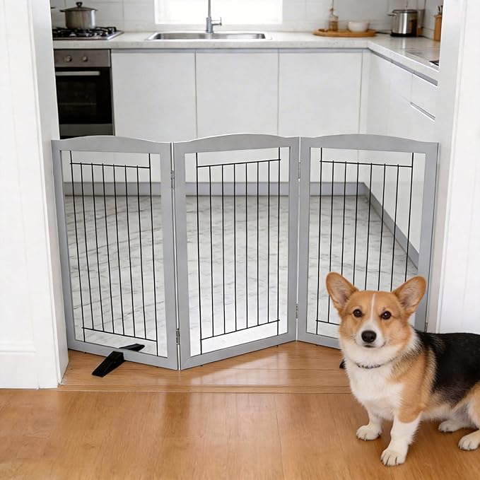 ZJSF Freestanding Dog Fence Indoor, Foldable Dog Gate for Doorways, Stairs or Hallways, Sturdy Wood Extra Wide Pet Gate with Support Feet for The House, Grey, 32 "Height-3 Panels