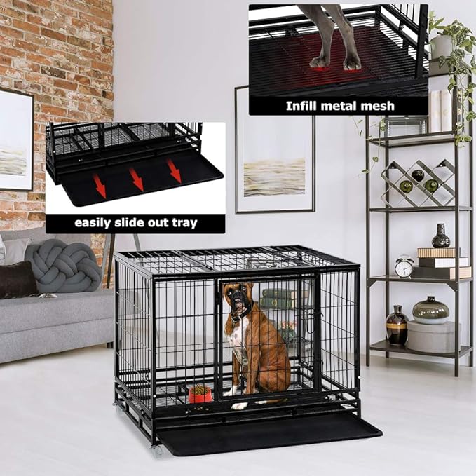 Dog Crate Dog Cage Dog Kennel for Large Dogs Heavy Duty 42 Inches Pet Playpen for Training Indoor Outdoor with Plastic Tray Double Doors & Locks Design