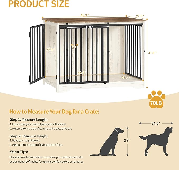 Hzuaneri 43.3" Dog Crate Furniture with Barn Door, Heavy Duty Dog Kennel Indoor with 2 Doors, Wooden Pet Cage End Table for Large Small Medium Dogs, Anti-Chew Anti-Escape, White Brown DFC92314B