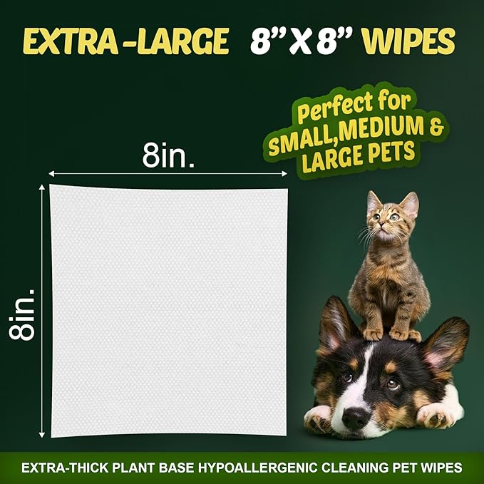 Petazy Dog Wipes for Paws and Butt – 400 Count (8x8in) Hypoallergenic, Deodorizing Pet Wipes for Dogs and Cats | Extra Large, Plant-Based, Unscented | Includes 4 Grooming Glove Wipes