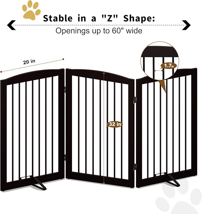 PUPETPO Freestanding Pet Gate for Dogs, Foldable Wooden Dog Gate for House Indoor, Tall Pet Fence for Stair, Doorway,Hall, Support Feet Included, 3 Panels 32",Brown