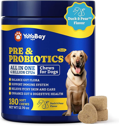 Probiotics for Dogs - Dog Probiotics for Digestive Health, Yeast, Itchy Skin, Gut Health, Immune & Skin - 6 Billion CFUs, 180 Soft Chews, Duck & Pear Flavor - with Prebiotics & Digestive Enzymes