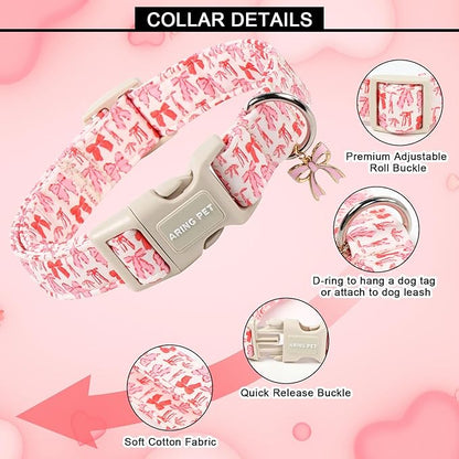 ARING PET Girl Dog Collar, Cute Spring Summer Pink Bow Puppy Pet Collars Necklace for Small Medium Large Female Dogs-M