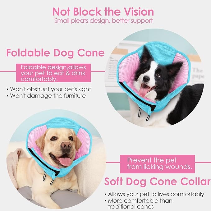 AOFITEE Large Dog Cone - Soft Dog Cone Stop Licking, Adjustable Extra Large Cones Dogs for Wound Healing, Pet Elizabethan Cones Collar After Surgery, XL Fabric Pet E-Collar, BluePink X-Large