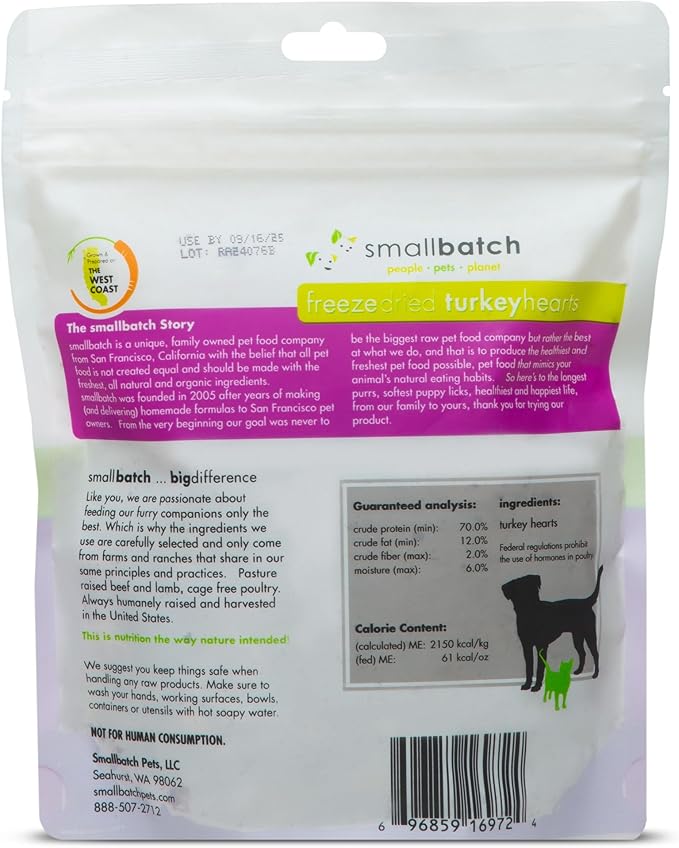 smallbatch Pets Premium Freeze-Dried Turkey Heart Treats for Dogs and Cats, 3.5 oz, Made and Sourced in The USA, Single Ingredient, Humanely Raised Meat, No Preservatives or Anything Artificial Ever