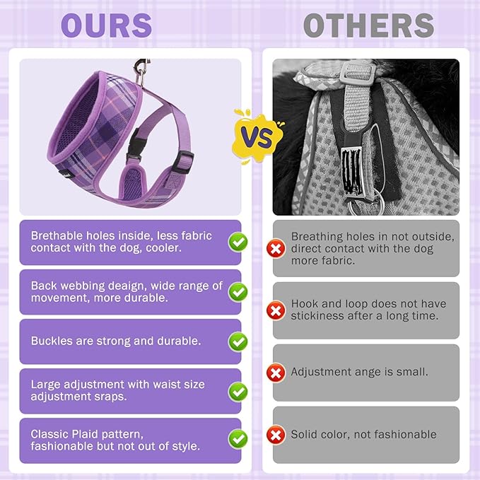 SCENEREAL No Pull Dog Harness Collar and Leash Set Small Medium Sized Dog, Soft Mesh Puppy Harnesses, No Chock Plaid Adjustable Pet Vest for Outdoor Walking Training and Running, Purple M