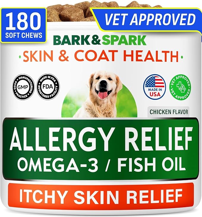 BARK&SPARK Dog Allergy Relief Soft Chews for Skin Health & Seasonal Allergies - Anti-Itch Supplement w/Omega-3, Quercetin & Bromelain Immune Treats for Dry Skin & Hot Spots - Chicken - 180ct