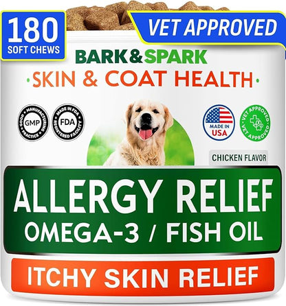 BARK&SPARK Dog Allergy Relief Soft Chews for Skin Health & Seasonal Allergies - Anti-Itch Supplement w/Omega-3, Quercetin & Bromelain Immune Treats for Dry Skin & Hot Spots - Chicken - 180ct